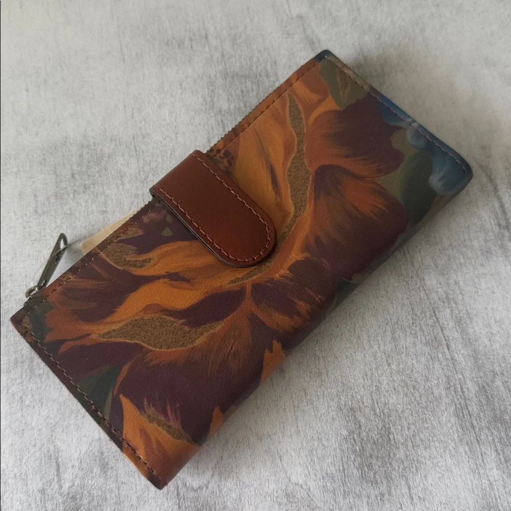 Patricia Nash NAZARI Leather Bifold Wallet Floral Marigold Harvest Blue Brown NW